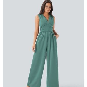 SculptKnit V Neck Sleeveless Ruched Pocket Jumpsuit-Easy Peezy